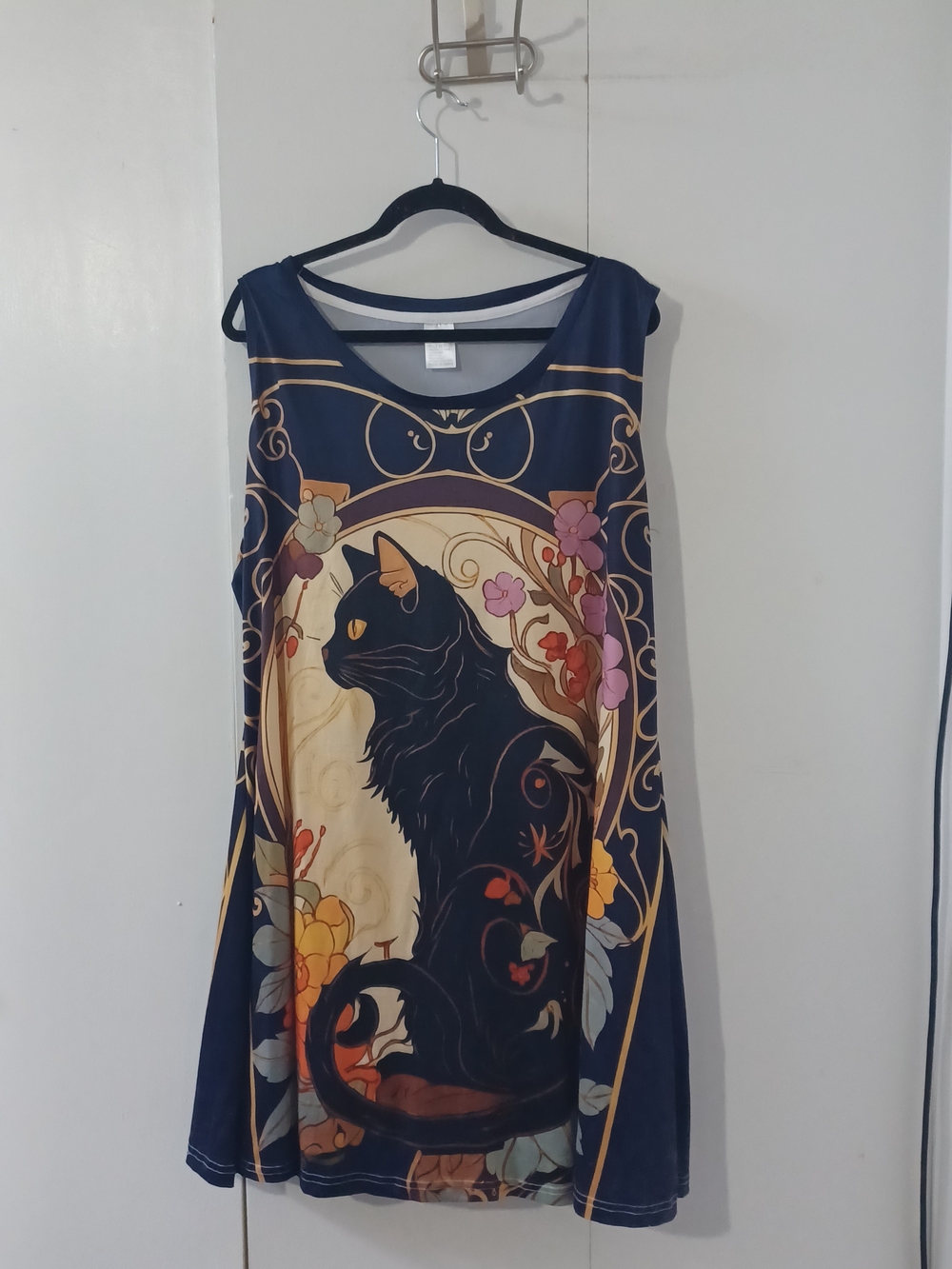 Sleeveless Navy Floral Black Cat Print Dress